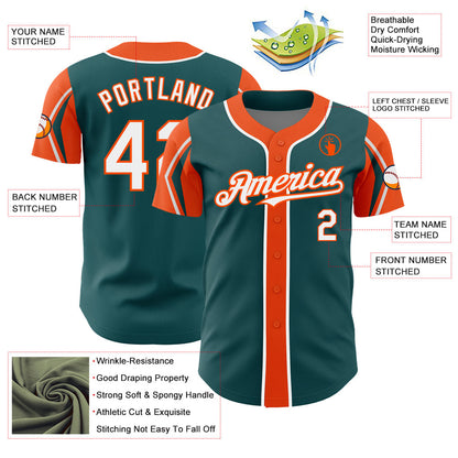 Custom Midnight Green White-Orange 3 Colors Arm Shapes Authentic Baseball Jersey - Sky-Custom