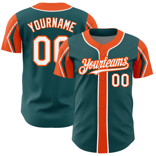 Custom Midnight Green White-Orange 3 Colors Arm Shapes Authentic Baseball Jersey - Sky-Custom