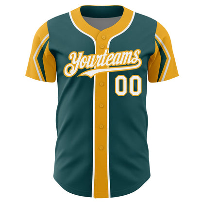 Custom Midnight Green White-Gold 3 Colors Arm Shapes Authentic Baseball Jersey - Sky-Custom