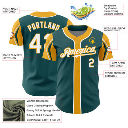 Custom Midnight Green White-Gold 3 Colors Arm Shapes Authentic Baseball Jersey - Sky-Custom