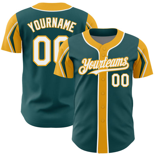 Custom Midnight Green White-Gold 3 Colors Arm Shapes Authentic Baseball Jersey - Sky-Custom