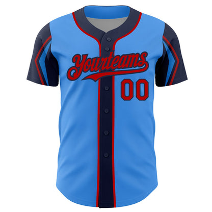 Custom Electric Blue Red-Navy 3 Colors Arm Shapes Authentic Baseball Jersey - Sky-Custom