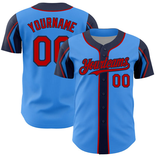 Custom Electric Blue Red-Navy 3 Colors Arm Shapes Authentic Baseball Jersey - Sky-Custom