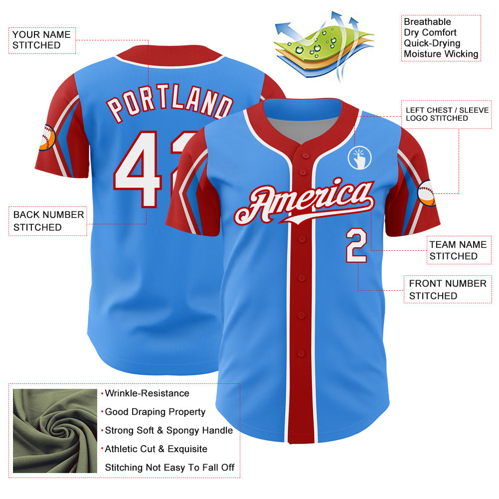 Custom Electric Blue White-Red 3 Colors Arm Shapes Authentic Baseball Jersey - Sky-Custom