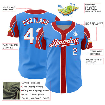 Custom Electric Blue White-Red 3 Colors Arm Shapes Authentic Baseball Jersey - Sky-Custom