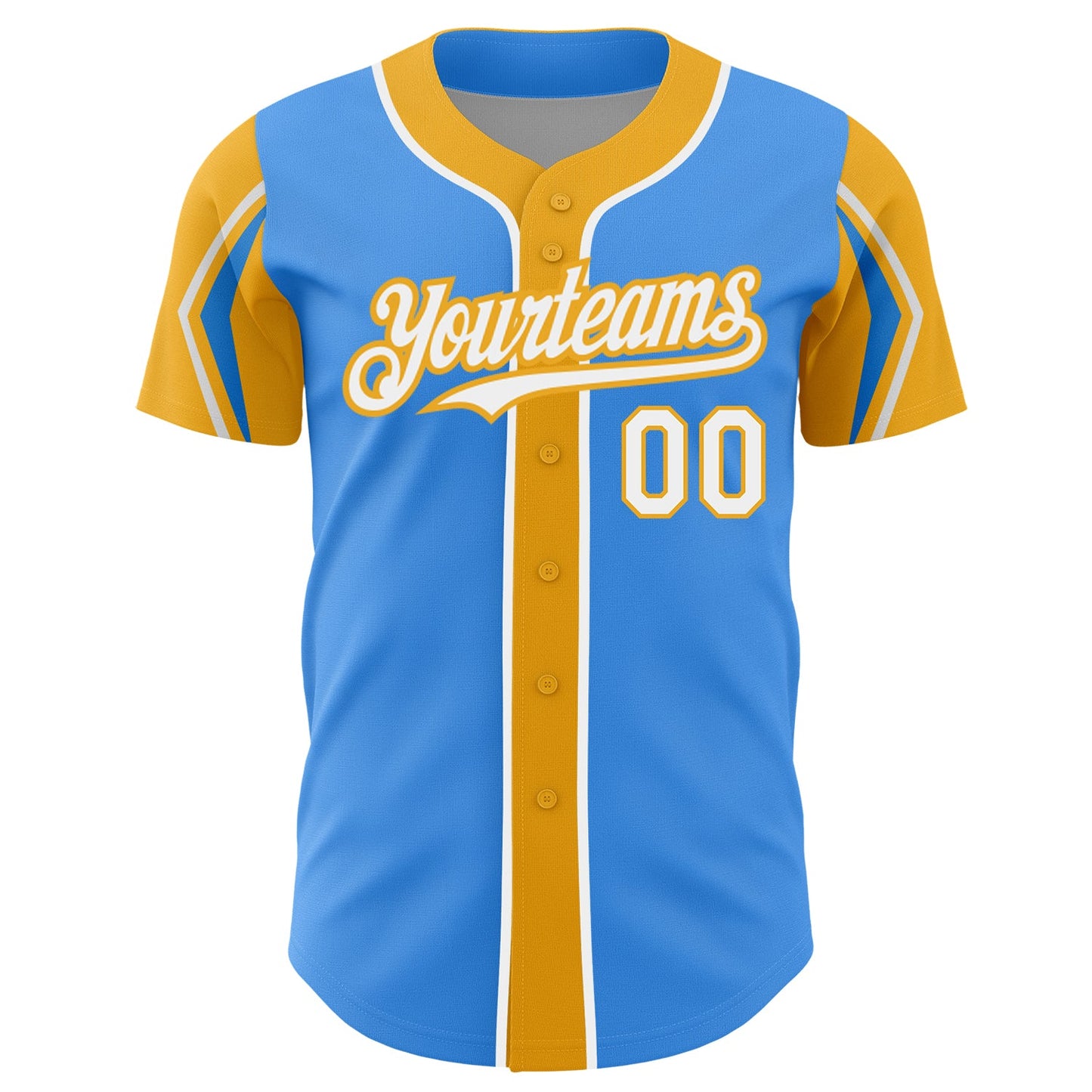 Custom Electric Blue White-Gold 3 Colors Arm Shapes Authentic Baseball Jersey - Sky-Custom