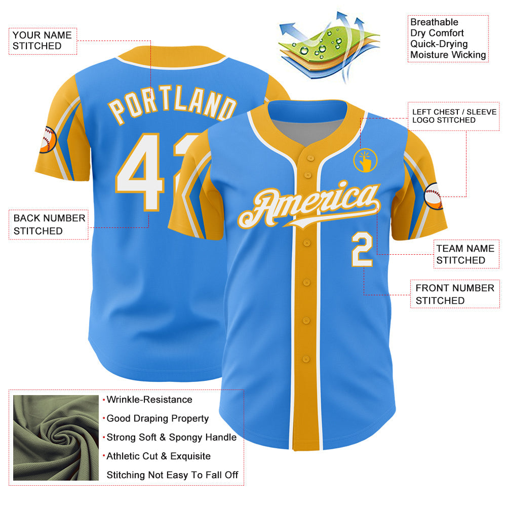 Custom Electric Blue White-Gold 3 Colors Arm Shapes Authentic Baseball Jersey - Sky-Custom