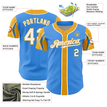 Custom Electric Blue White-Gold 3 Colors Arm Shapes Authentic Baseball Jersey - Sky-Custom