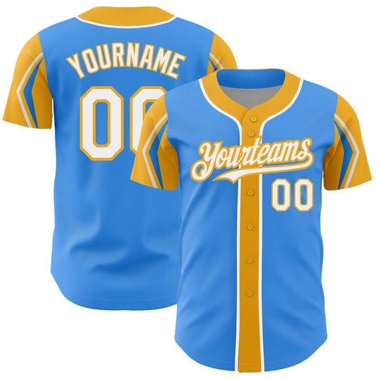 Custom Electric Blue White-Gold 3 Colors Arm Shapes Authentic Baseball Jersey - Sky-Custom