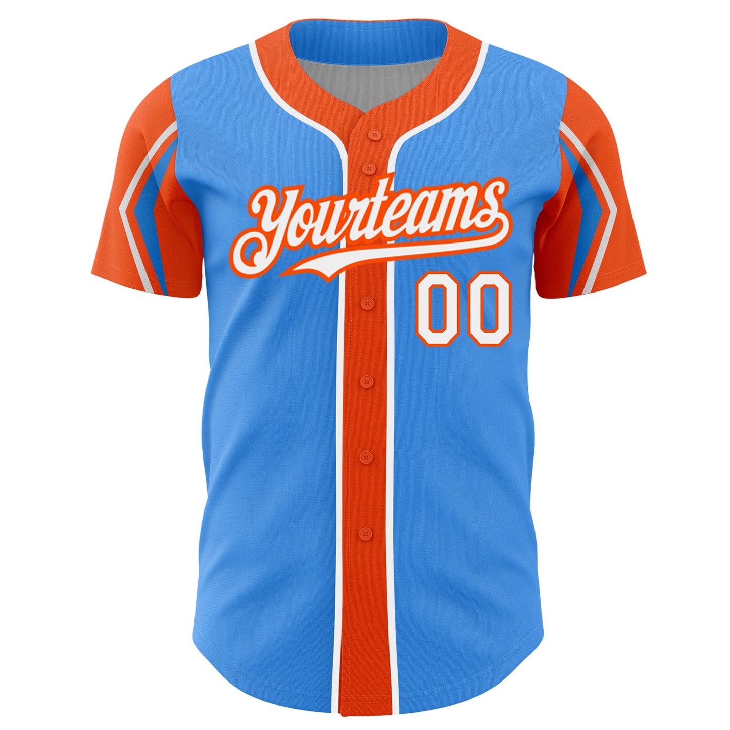 Custom Electric Blue White-Orange 3 Colors Arm Shapes Authentic Baseball Jersey - Sky-Custom