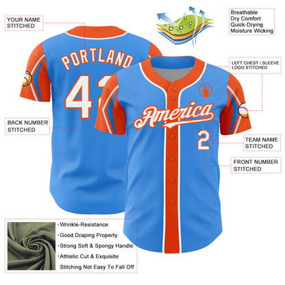 Custom Electric Blue White-Orange 3 Colors Arm Shapes Authentic Baseball Jersey - Sky-Custom