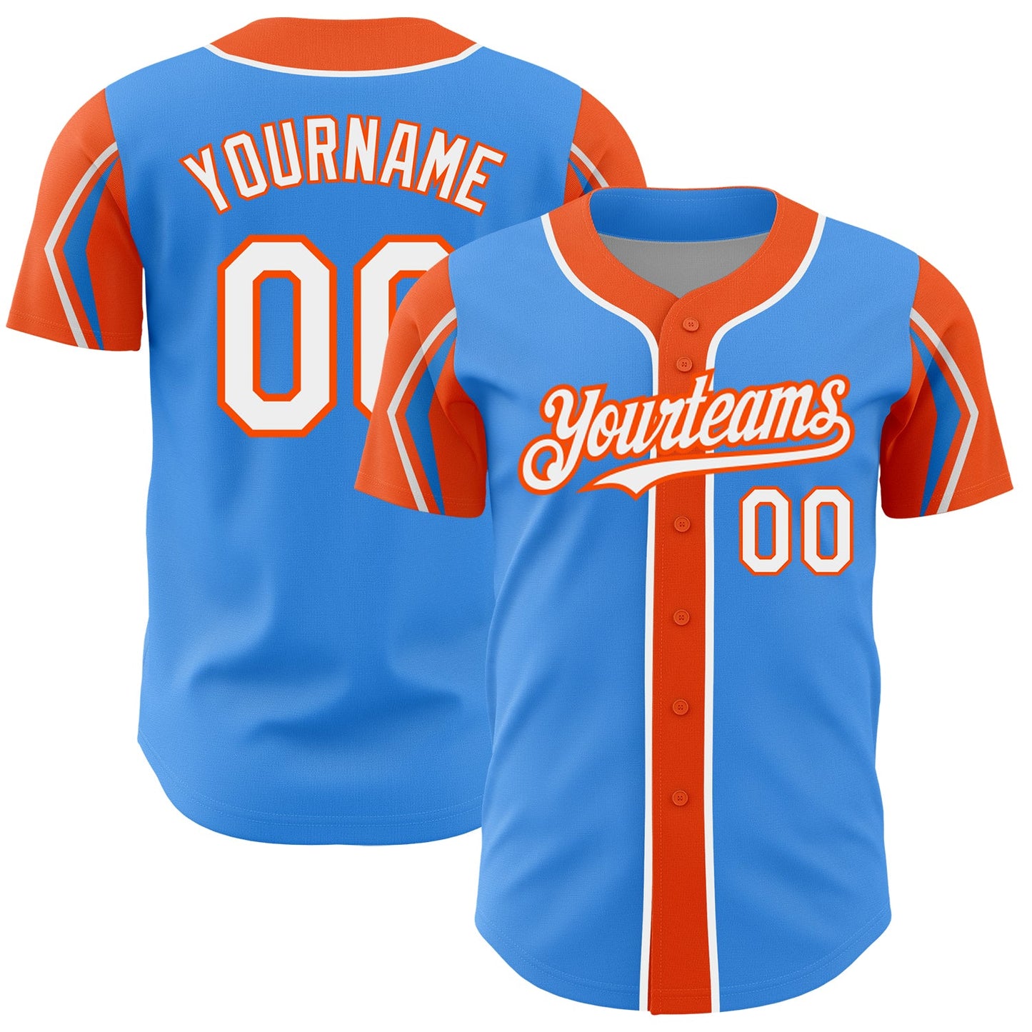 Custom Electric Blue White-Orange 3 Colors Arm Shapes Authentic Baseball Jersey - Sky-Custom