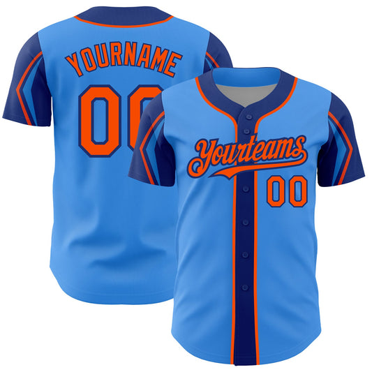 Custom Electric Blue Orange-Royal 3 Colors Arm Shapes Authentic Baseball Jersey - Sky-Custom