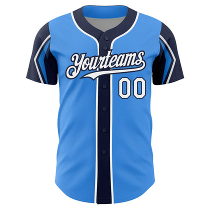 Custom Electric Blue White-Navy 3 Colors Arm Shapes Authentic Baseball Jersey - Sky-Custom
