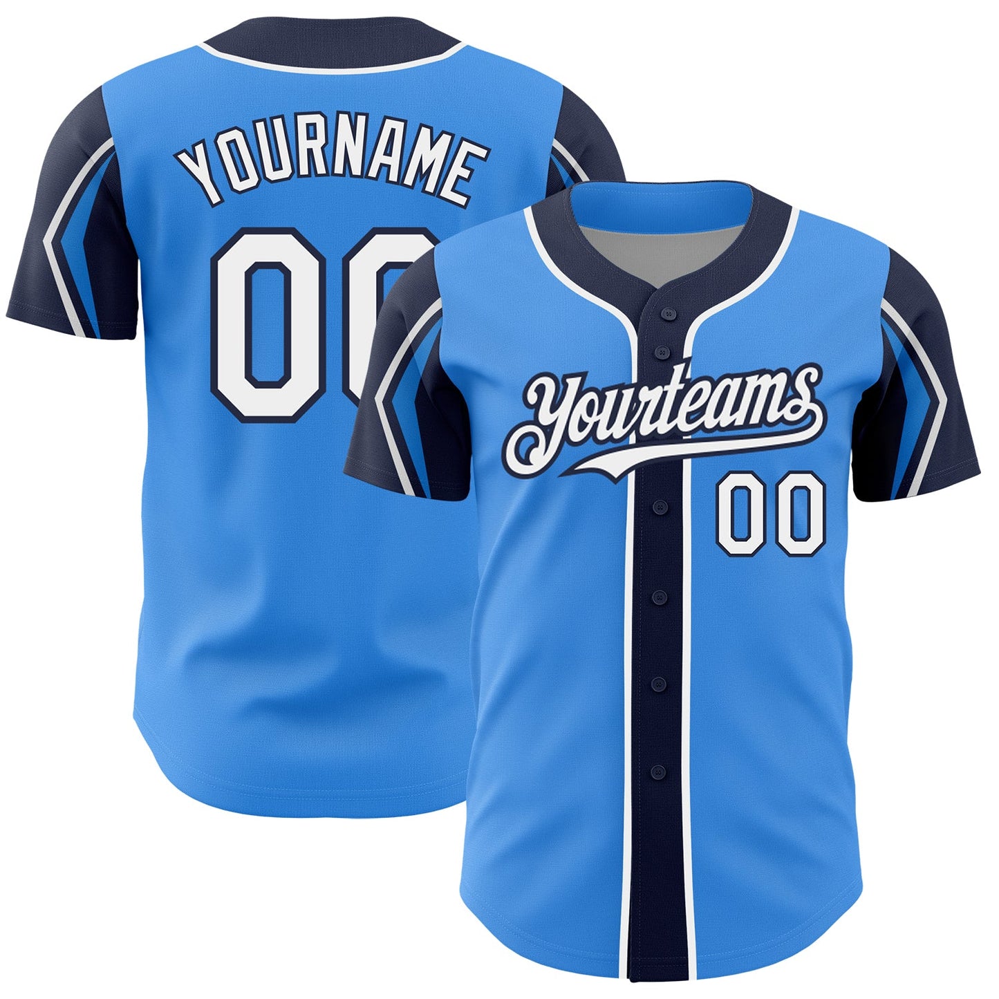 Custom Electric Blue White-Navy 3 Colors Arm Shapes Authentic Baseball Jersey - Sky-Custom