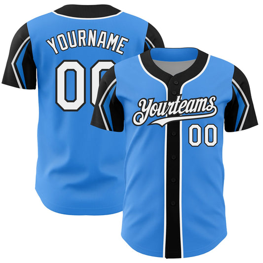 Custom Electric Blue White-Black 3 Colors Arm Shapes Authentic Baseball Jersey - Sky-Custom