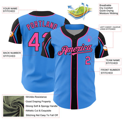 Custom Electric Blue Pink-Black 3 Colors Arm Shapes Authentic Baseball Jersey - Sky-Custom