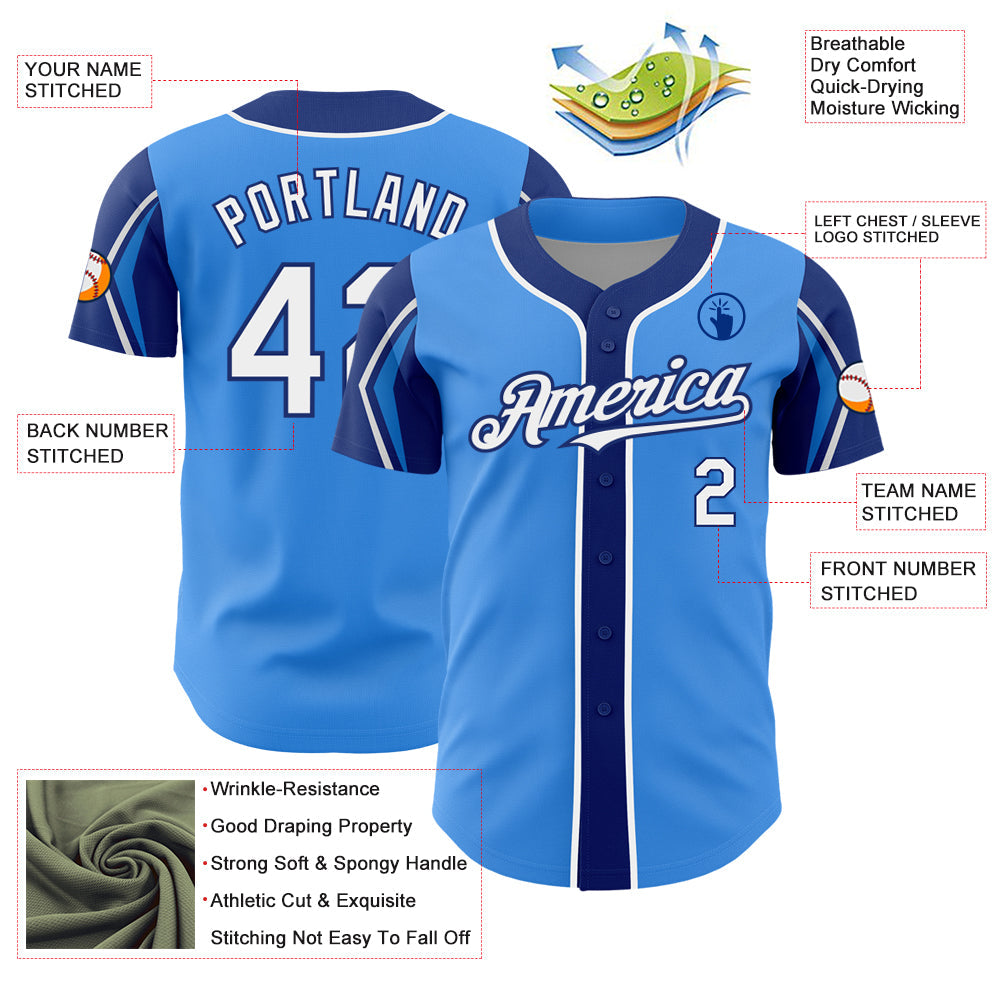 Custom Electric Blue White-Royal 3 Colors Arm Shapes Authentic Baseball Jersey - Sky-Custom
