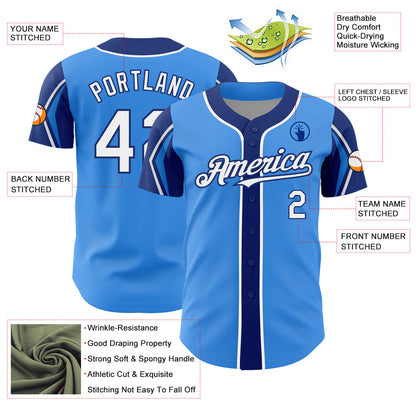 Custom Electric Blue White-Royal 3 Colors Arm Shapes Authentic Baseball Jersey - Sky-Custom