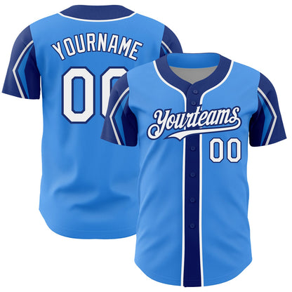 Custom Electric Blue White-Royal 3 Colors Arm Shapes Authentic Baseball Jersey - Sky-Custom