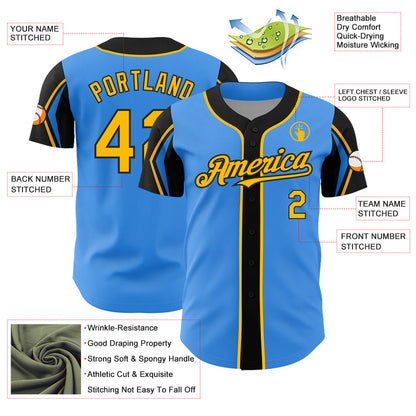 Custom Electric Blue Gold-Black 3 Colors Arm Shapes Authentic Baseball Jersey - Sky-Custom