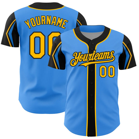 Custom Electric Blue Gold-Black 3 Colors Arm Shapes Authentic Baseball Jersey - Sky-Custom