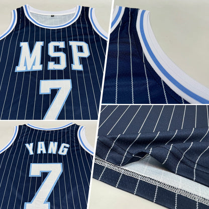 Custom Navy White Pinstripe White-Light Blue Authentic Basketball Jersey - Sky-Custom