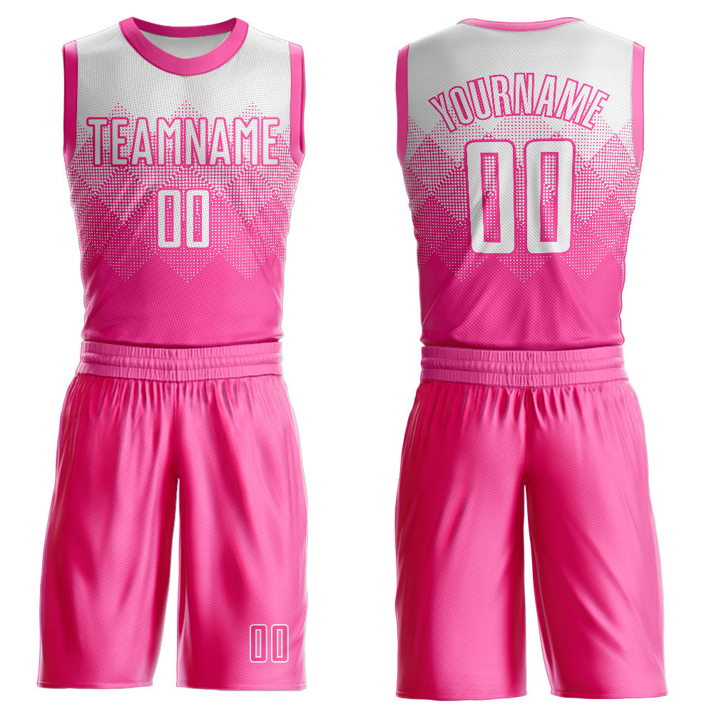 Custom Pink White Round Neck Sublimation Basketball Suit Jersey - Sky-Custom