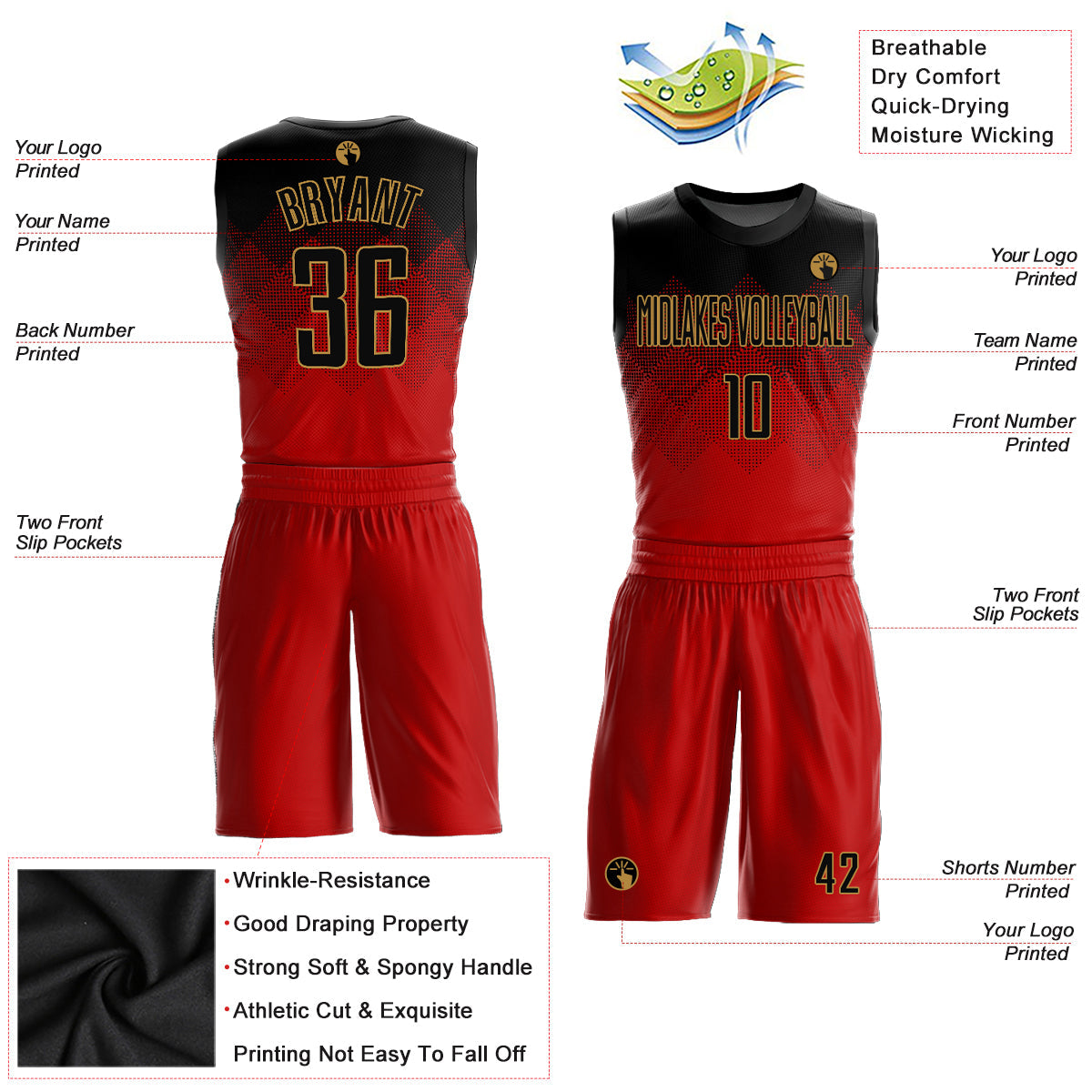 Custom Red Black-Old Gold Round Neck Sublimation Basketball Suit Jersey - Sky-Custom