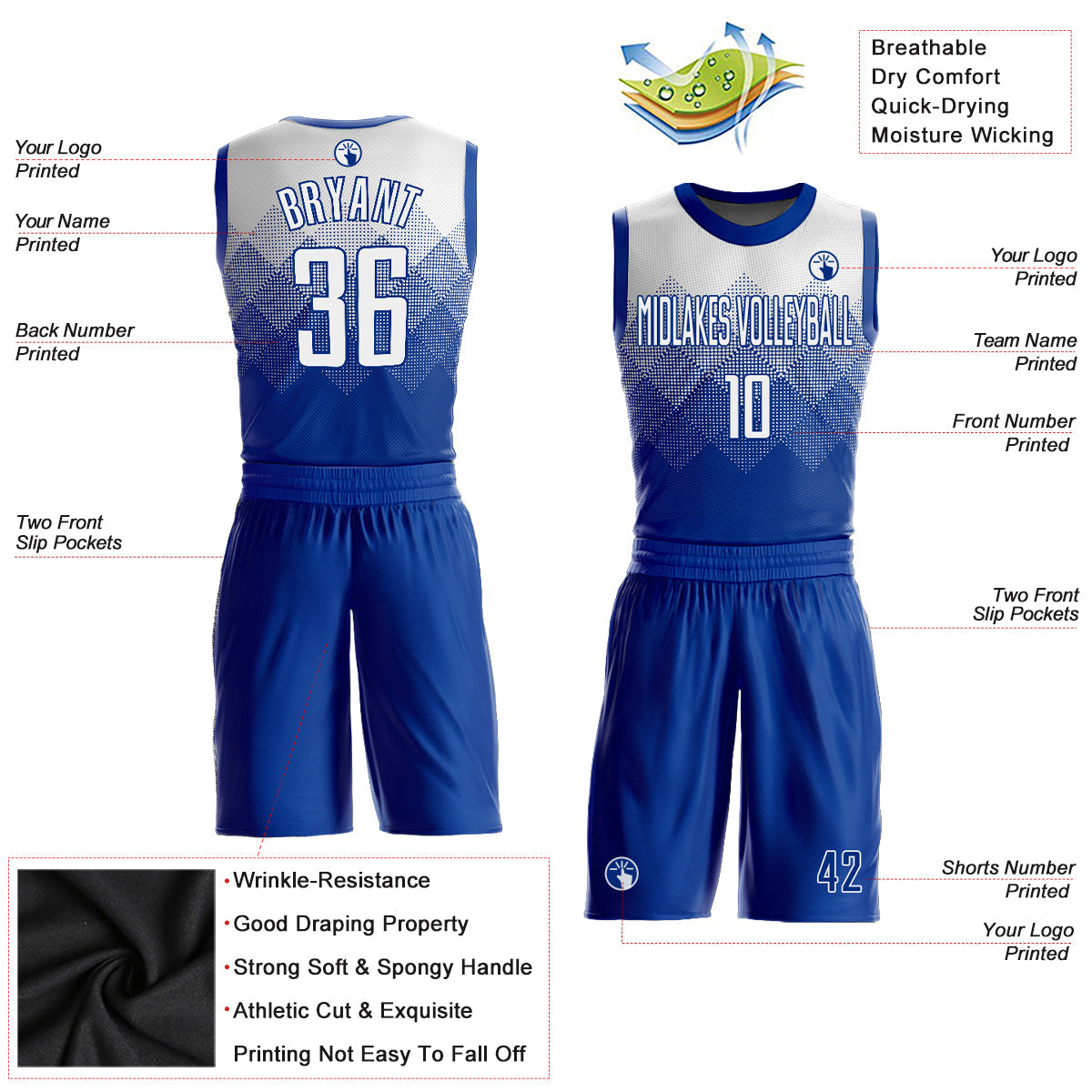 Custom Royal White Round Neck Sublimation Basketball Suit Jersey - Sky-Custom