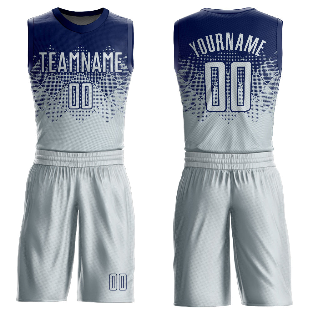 Custom Navy Silver Round Neck Sublimation Basketball Suit Jersey - Sky-Custom