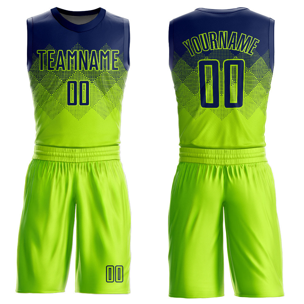 Custom Neon Green Navy Round Neck Sublimation Basketball Suit Jersey - Sky-Custom