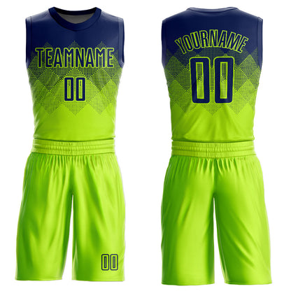 Custom Neon Green Navy Round Neck Sublimation Basketball Suit Jersey - Sky-Custom