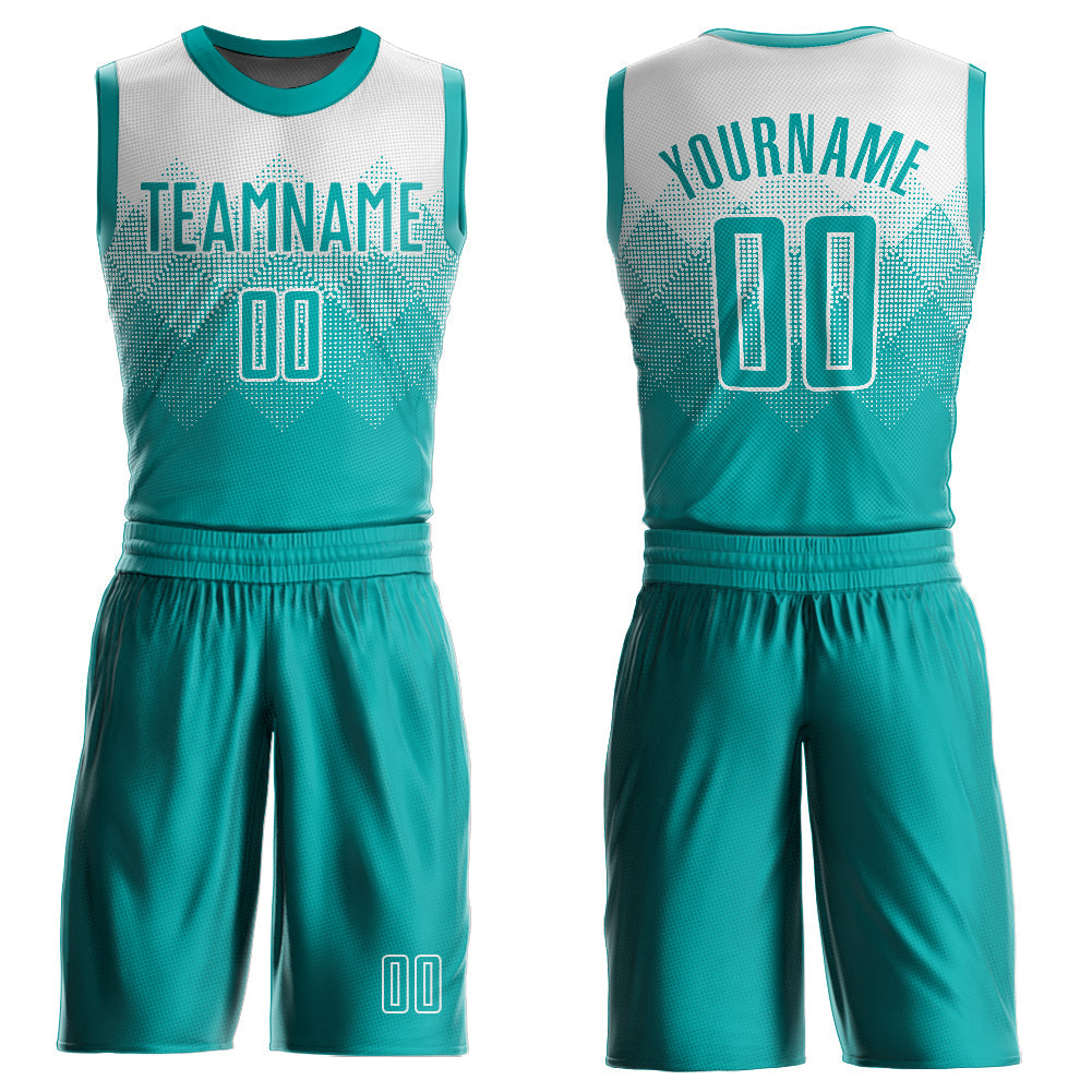 Custom White Aqua Round Neck Sublimation Basketball Suit Jersey - Sky-Custom