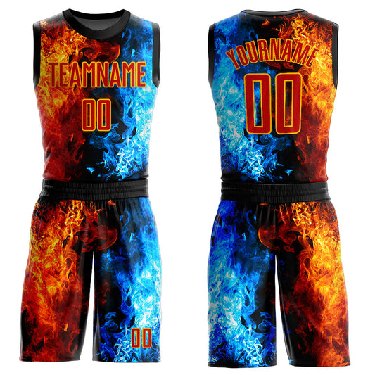 Custom Figure Red-Gold Flame Round Neck Sublimation Basketball Suit Jersey - Sky-Custom