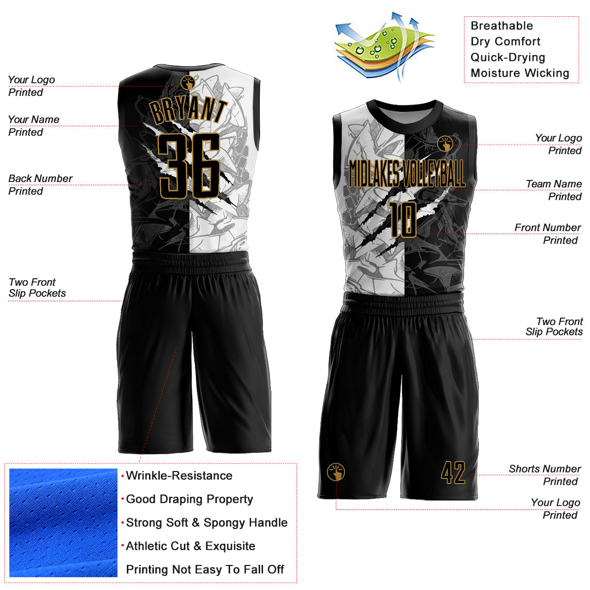 Custom Graffiti Pattern Black-Old Gold Scratch Round Neck Sublimation Basketball Suit Jersey - Sky-Custom