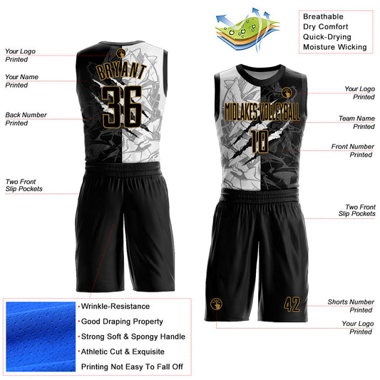 Custom Graffiti Pattern Black-Old Gold Scratch Round Neck Sublimation Basketball Suit Jersey - Sky-Custom