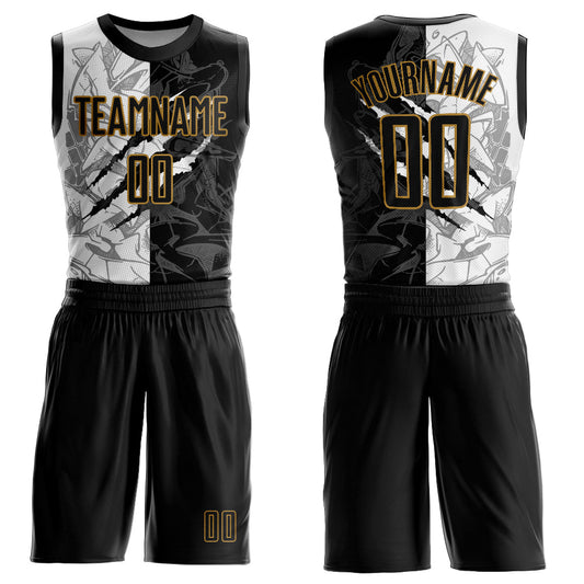 Custom Graffiti Pattern Black-Old Gold Scratch Round Neck Sublimation Basketball Suit Jersey - Sky-Custom