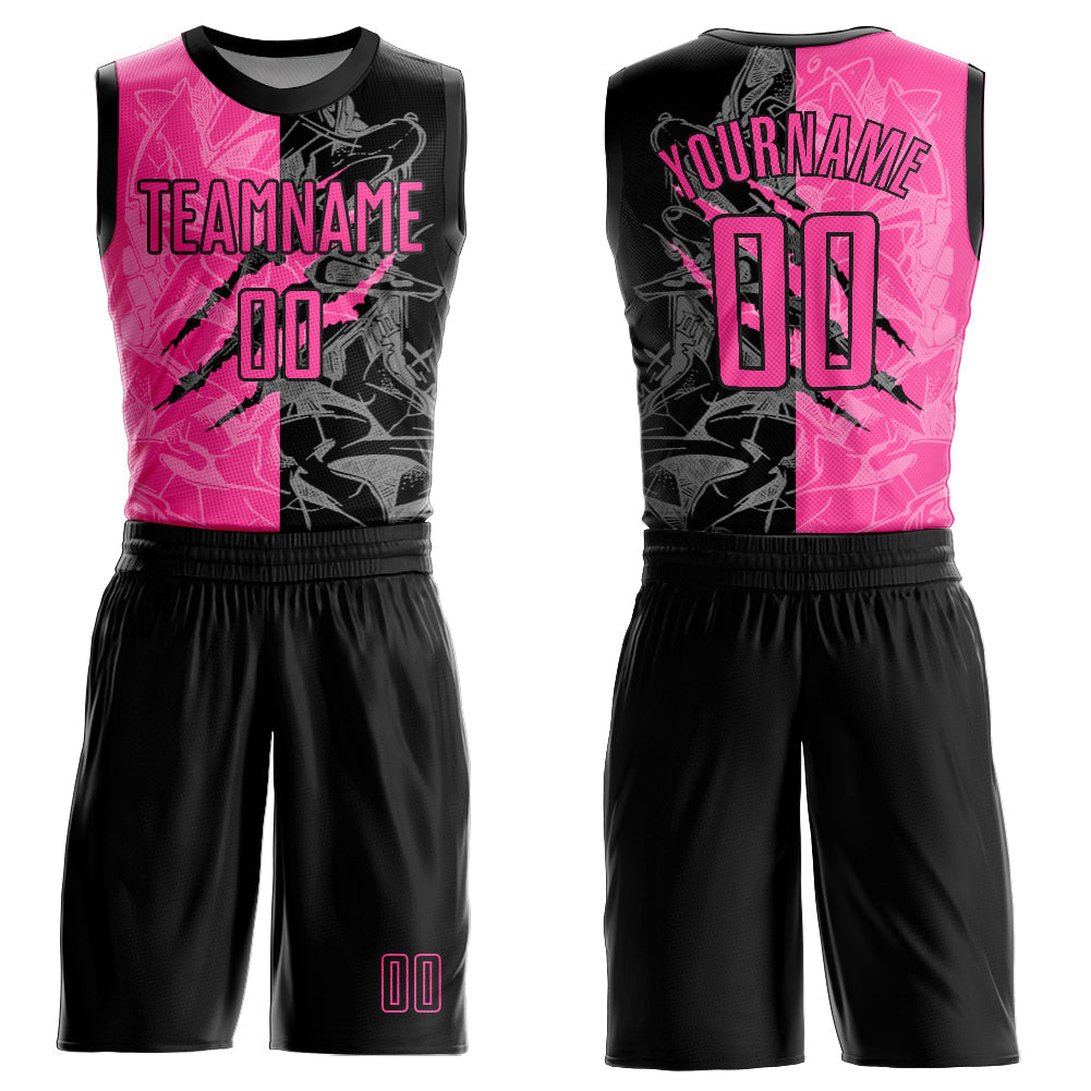 Custom Graffiti Pattern Pink-Black Scratch Round Neck Sublimation Basketball Suit Jersey - Sky-Custom