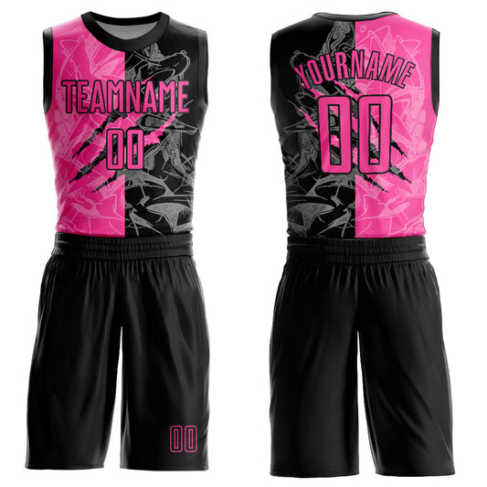 Custom Graffiti Pattern Pink-Black Scratch Round Neck Sublimation Basketball Suit Jersey - Sky-Custom