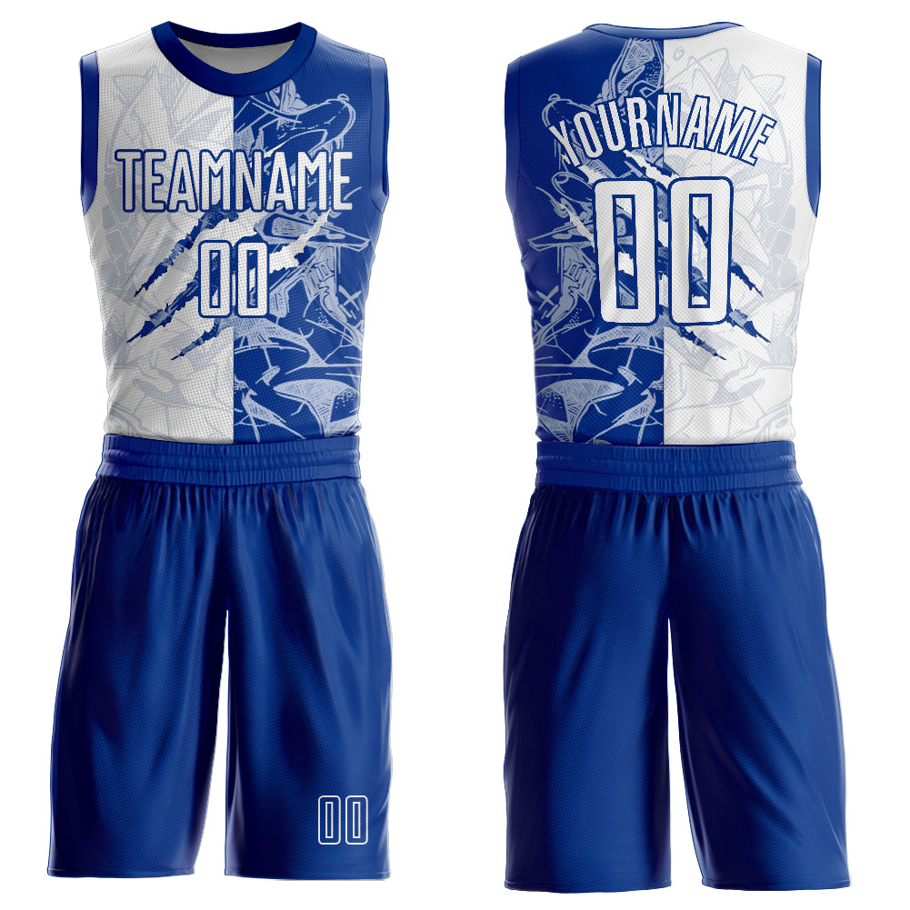 Custom Graffiti Pattern White-Royal Scratch Round Neck Sublimation Basketball Suit Jersey - Sky-Custom