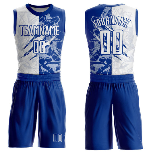 Custom Graffiti Pattern White-Royal Scratch Round Neck Sublimation Basketball Suit Jersey - Sky-Custom