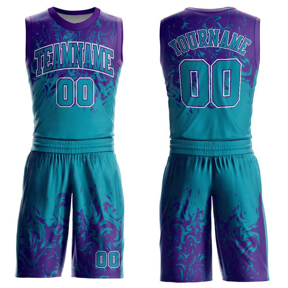 Custom Teal Purple-White Round Neck Sublimation Basketball Suit Jersey - Sky-Custom