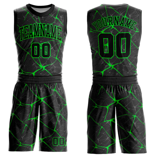 Custom Black Neon Green Round Neck Sublimation Basketball Suit Jersey - Sky-Custom