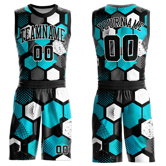Custom Black Aqua-White Round Neck Sublimation Basketball Suit Jersey - Sky-Custom