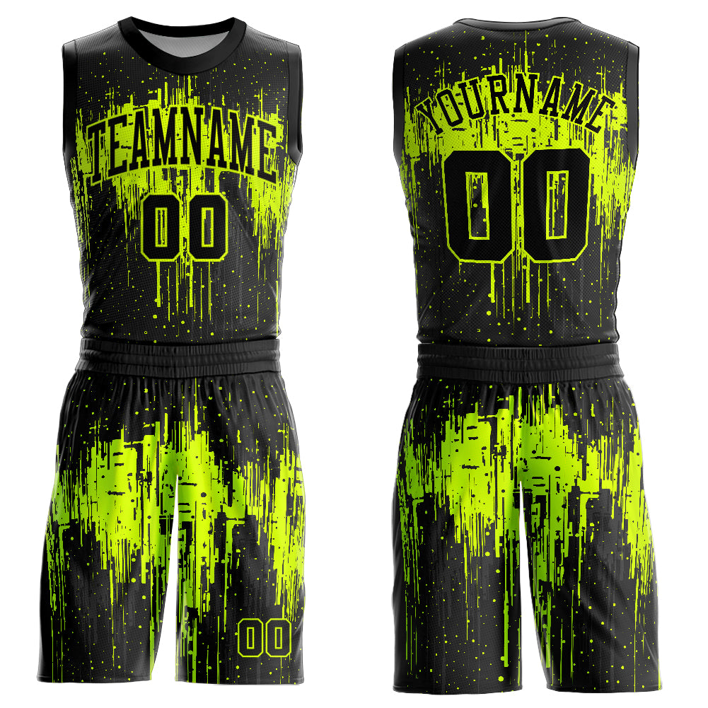Custom Black Neon Green Round Neck Sublimation Basketball Suit Jersey - Sky-Custom