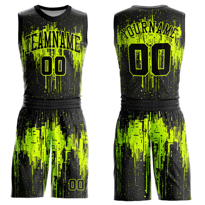 Custom Black Neon Green Round Neck Sublimation Basketball Suit Jersey - Sky-Custom