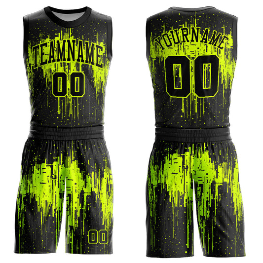 Custom Black Neon Green Round Neck Sublimation Basketball Suit Jersey - Sky-Custom