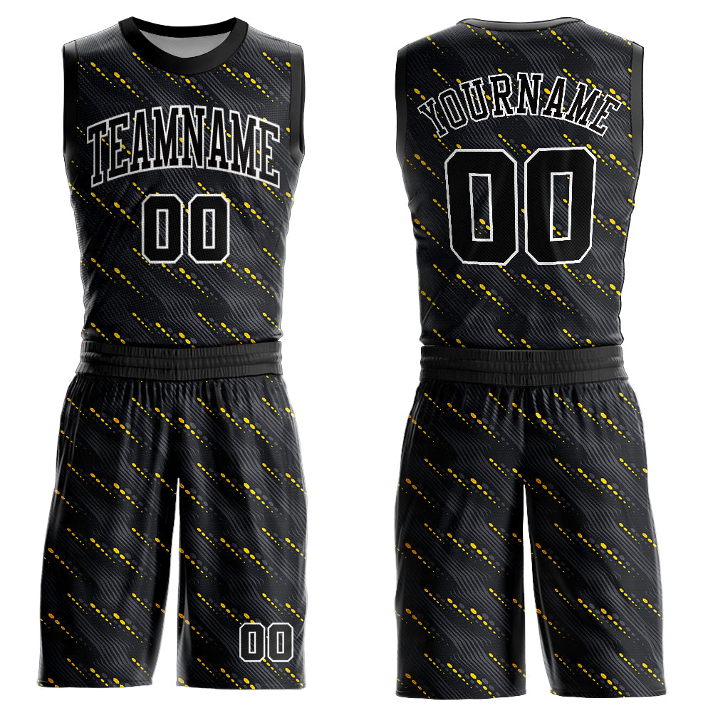 Custom Black Gold-White Round Neck Sublimation Basketball Suit Jersey - Sky-Custom