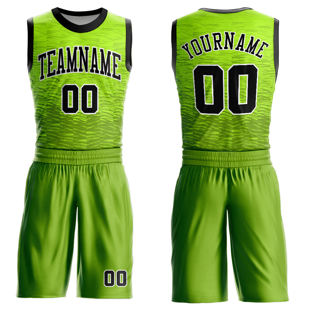 Custom Neon Green Black-White Round Neck Sublimation Basketball Suit Jersey - Sky-Custom